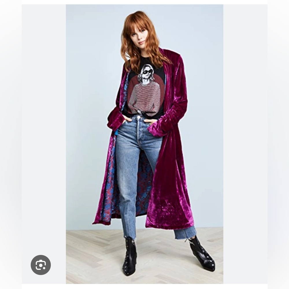 FREE PEOPLE Dhalia Velvet Duster Ruched Tassels Sleeve Longline Jacket Berry S